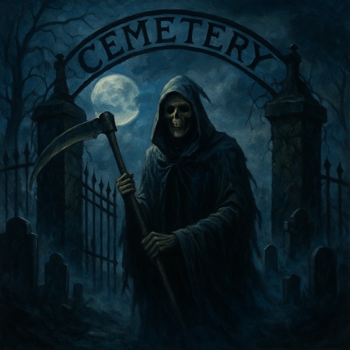 Death visiting the cemetery.